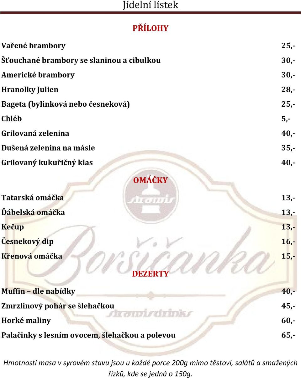 omáčka 13,- Kečup 13,- Česnekový dip 16,- Křenová omáčka 15,- DEZERTY Muffin dle nabídky 40,- Zmrzlinový pohár se šlehačkou 45,- Horké maliny 60,-