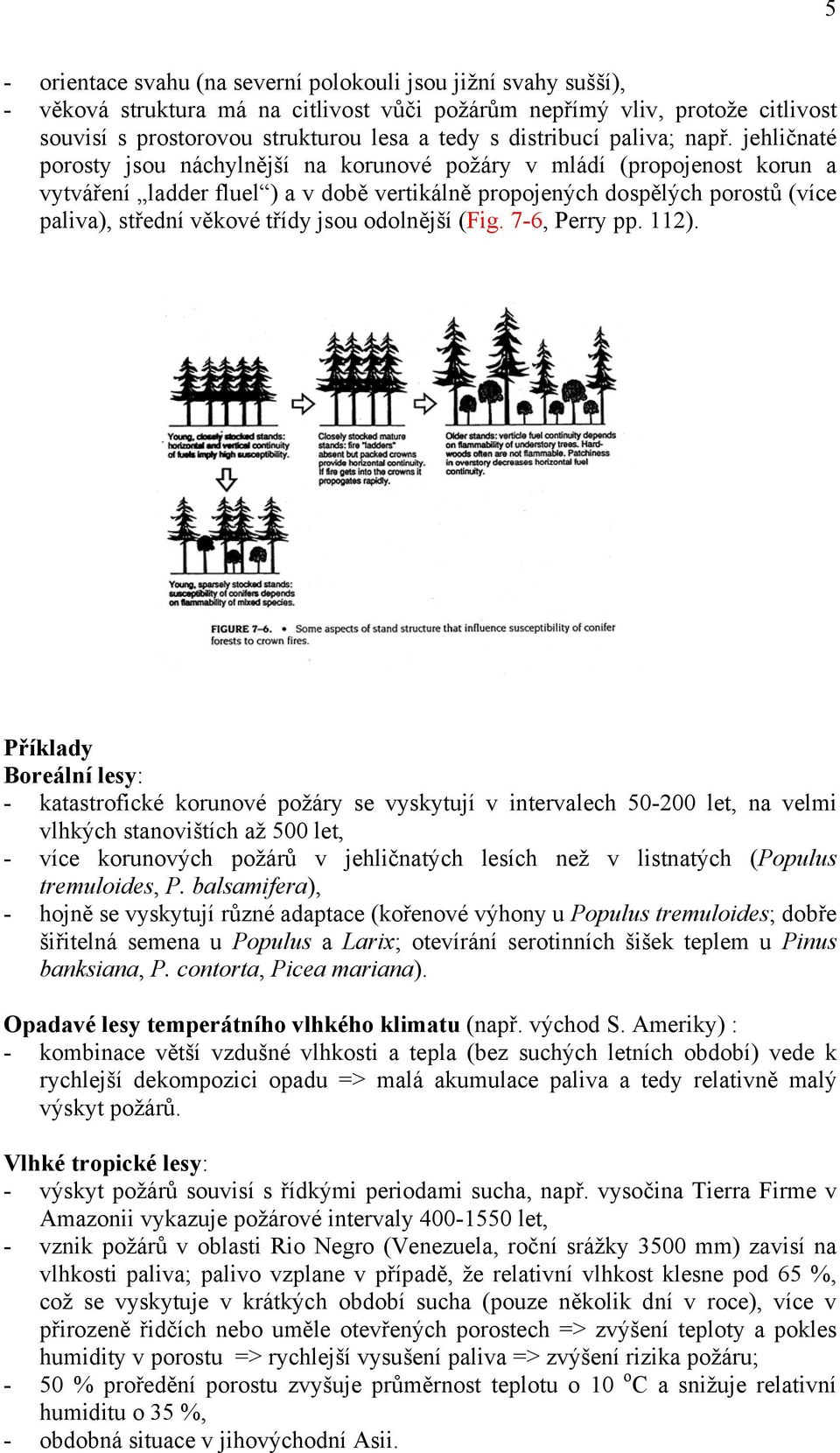 jehličnaté porosty jsou náchylnější na korunové požáry v mládí (propojenost korun a vytváření ladder fluel ) a v době vertikálně propojených dospělých porostů (více paliva), střední věkové třídy jsou