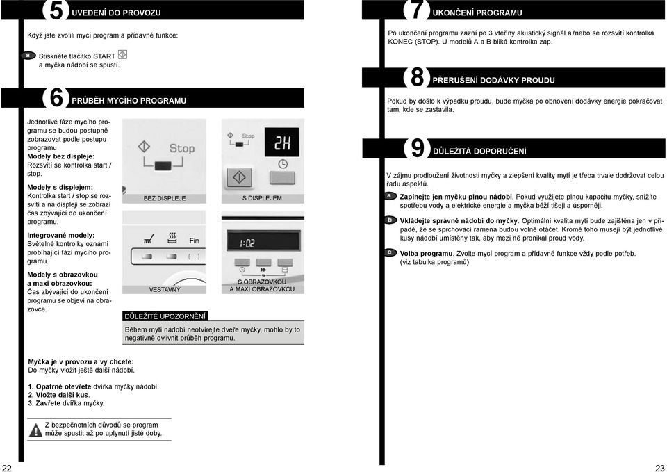 Modely s displejem: Kontrolka start / stop se rozsvítí a na displeji se zobrazí čas zbývající do ukončení programu. Integrované modely: Světelné kontrolky oznámí probíhající fázi mycího programu.