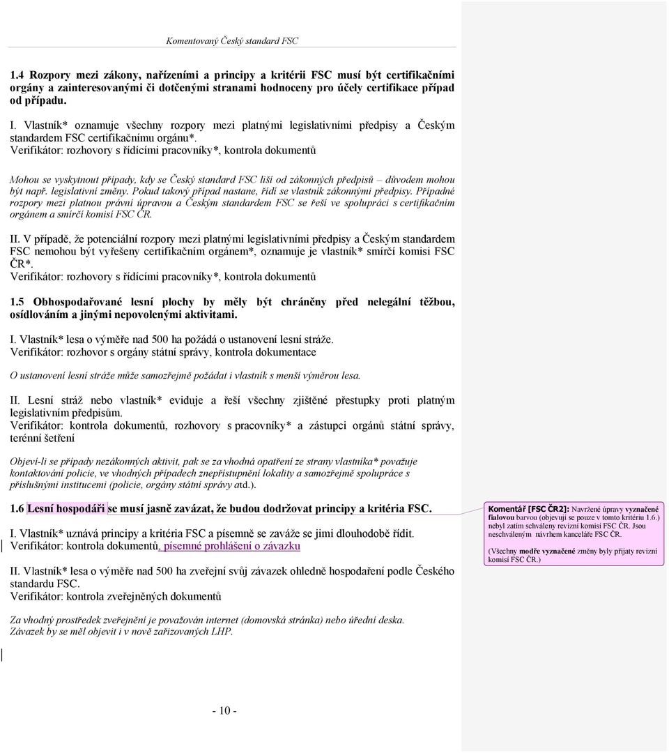 Verifikátor: rozhovory s řídícími pracovníky*, kontrola dokumentů Mohou se vyskytnout případy, kdy se Český standard FSC liší od zákonných předpisů důvodem mohou být např. legislativní změny.