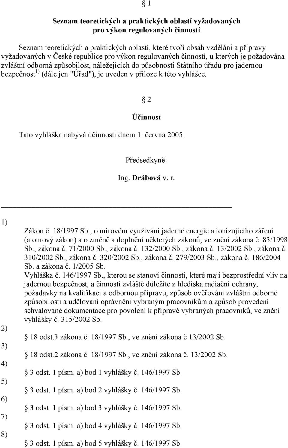 příloze k této vyhlášce. 2 Účinnost Tato vyhláška nabývá účinnosti dnem června 200 Předsedkyně: Ing. Drábová v. r. 1) 2) 3) 4) 5) 6) 7) 8) Zákon č. 18/1997 Sb.