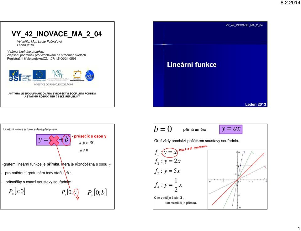 y a + b - průsečík s osou y = a,b R a 0 -grafem lineární funkce je přímka, která je různoběžná s osou y - pro načrtnutí grafu nám tedy stačí určit dva body - průsečíky s osami soustavy