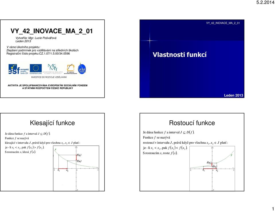 0596 Vlastnosti funkcí VY_4_INOVACE_MA 0 AKTIVITA JE SPOLUFINANCOVÁNA EVROPSKÝM SOCIÁLNÍM FONDEM A STÁTNÍM ROZPOČTEM ČESKÉ REPUBLIKY Leden 03 Je dána funkce f a interval J D Funkce