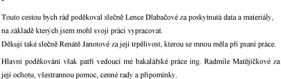 Děkuji také slečně Renátě Janotové za její trpělivost, kterou se mnou měla při psaní práce.