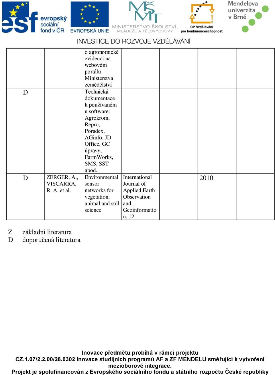 software: Agrokrom, Repro, Poradex, AGinfo, J Office, GC úpravy, FarmWorks, SMS, SST apod.