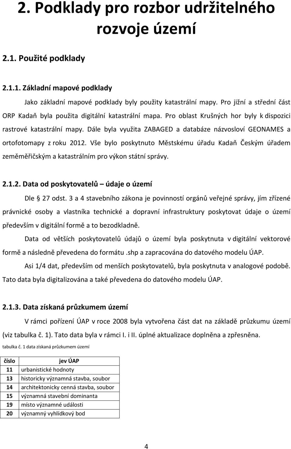 Dále byla využita ZABAGED a databáze názvosloví GEONAMES a ortofotomapy z roku 2012. Vše bylo poskytnuto Městskému úřadu Kadaň Českým úřadem zeměměřičským a katastrálním pro výkon státní správy. 2.1.2. Data od poskytovatelů údaje o území Dle 27 odst.