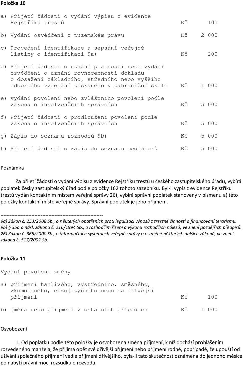 000 e) vydání povolení nebo zvláštního povolení podle zákona o insolvenčních správcích Kč 5 000 f) Přijetí žádosti o prodloužení povolení podle zákona o insolvenčních správcích Kč 5 000 g) Zápis do