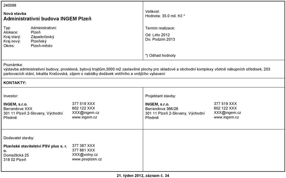 včetně nákupních středisek, 203 parkovacích stání, lokalita Krašovská, zájem o nabídky dodávek vnitřního a vnějšího vybavení INGEM, s.r.o. Barrandova 301 11 2-Slovany, Východní Předmě 377 519 602 122 @ingem.