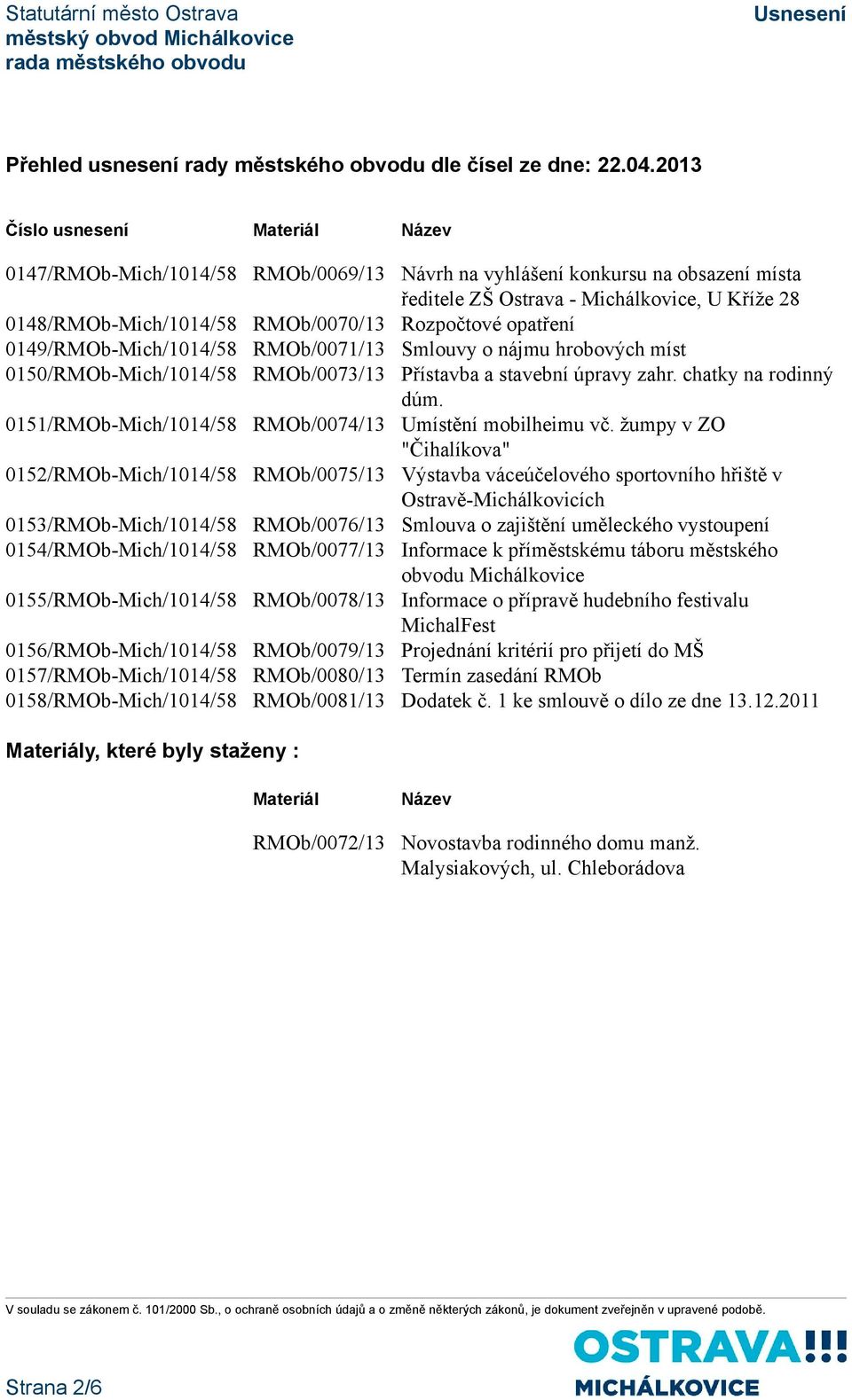 Rozpočtové opatření 0149/RMOb-Mich/1014/58 RMOb/0071/13 Smlouvy o nájmu hrobových míst 0150/RMOb-Mich/1014/58 RMOb/0073/13 Přístavba a stavební úpravy zahr. chatky na rodinný dúm.