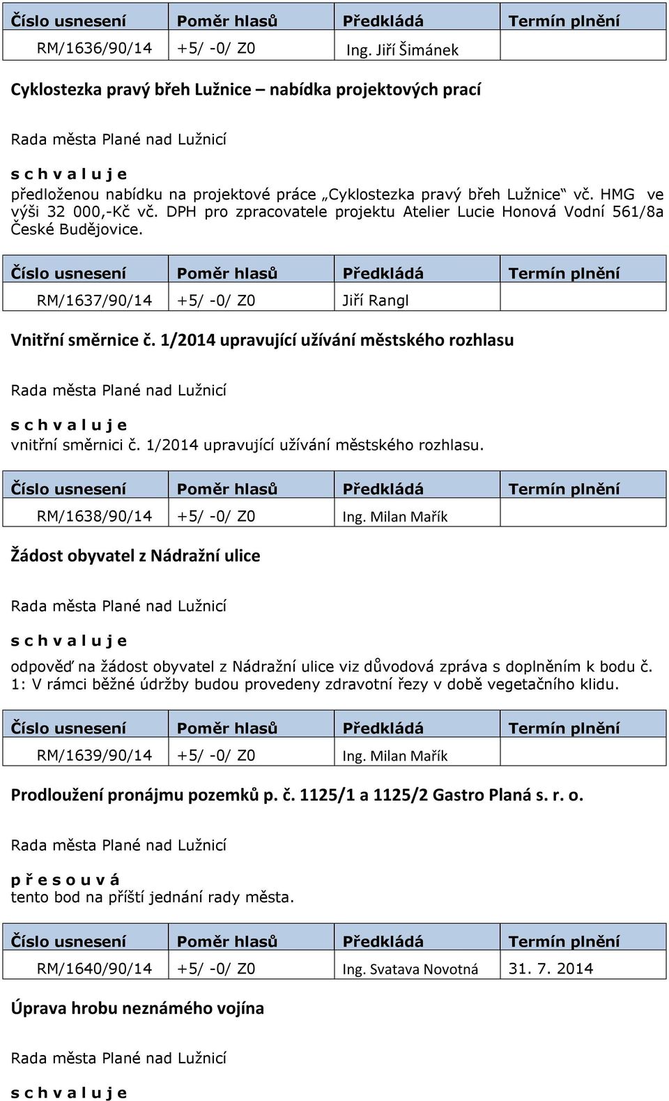 1/2014 upravující užívání městského rozhlasu vnitřní směrnici č. 1/2014 upravující užívání městského rozhlasu. RM/1638/90/14 +5/ -0/ Z0 Ing.