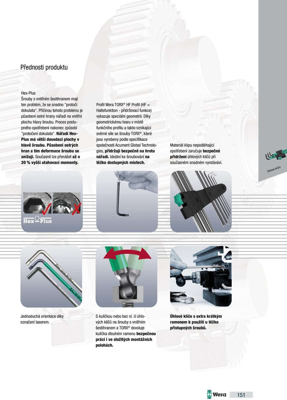 Současně lze přenášet až o 20 % vyšší utahovací momenty. Profi l Wera TORX HF Profi l (HF = Haltefunktion - přidržovací funkce) vykazuje speciální geometrii.