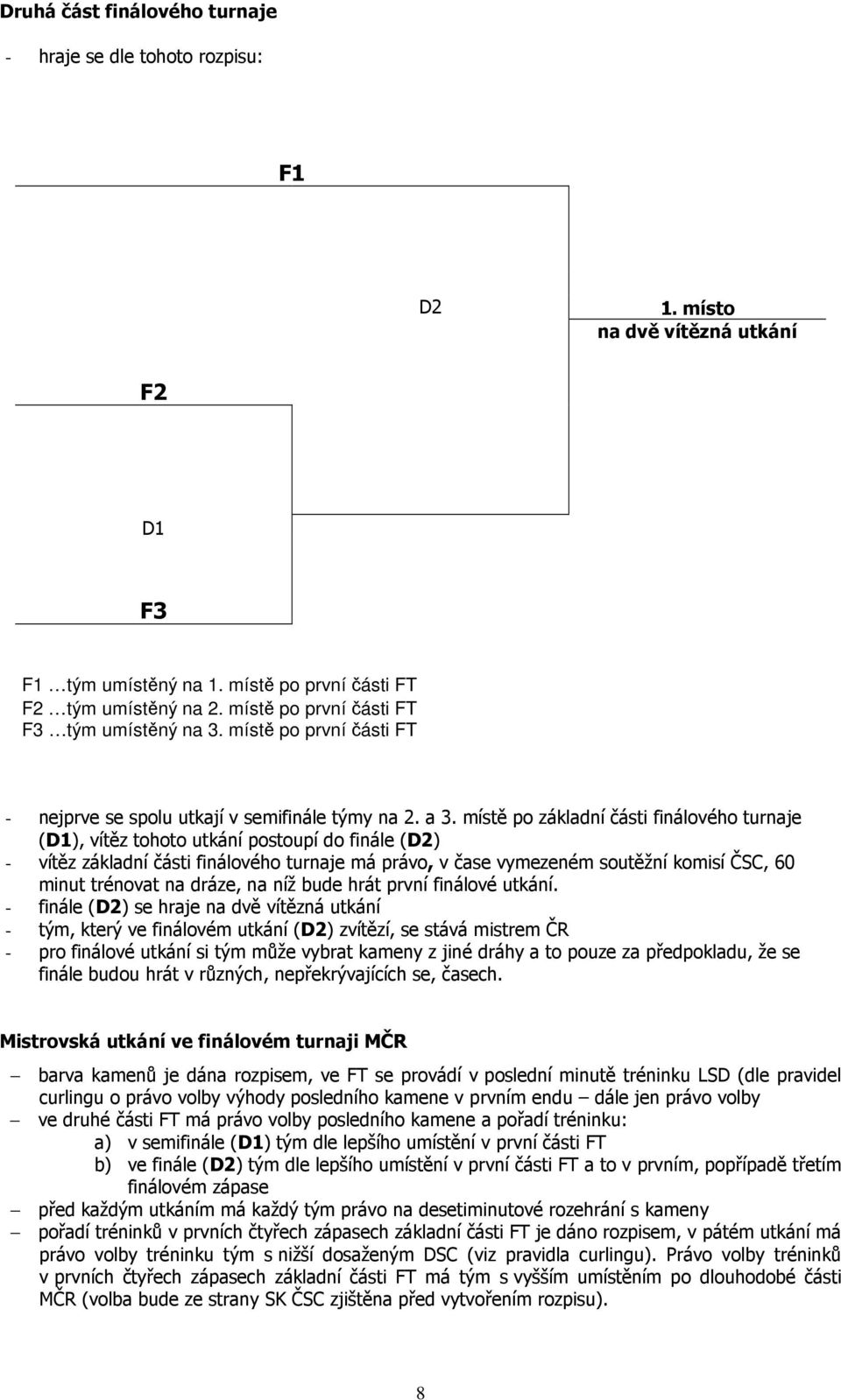 místě po základní části finálového turnaje (D1), vítěz tohoto utkání postoupí do finále (D2) - vítěz základní části finálového turnaje má právo, v čase vymezeném soutěžní komisí ČSC, 60 minut