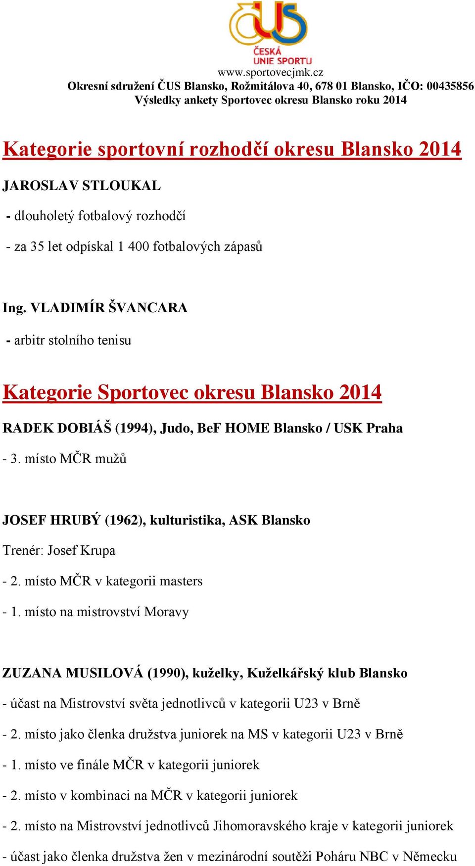 místo MČR mužů JOSEF HRUBÝ (1962), kulturistika, ASK Blansko Trenér: Josef Krupa - 2. místo MČR v kategorii masters - 1.