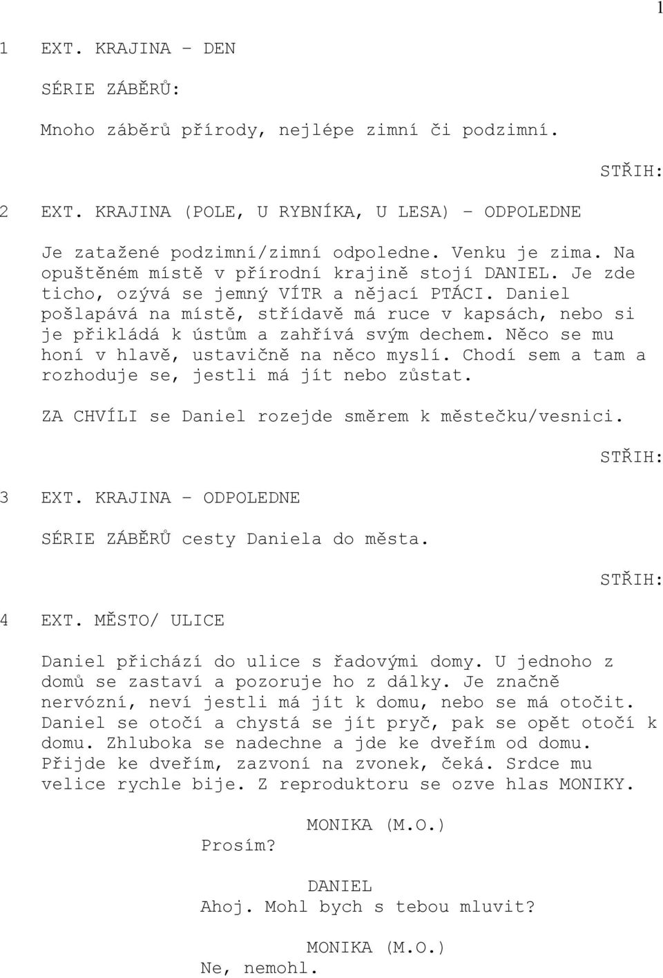 Něco se mu honí v hlavě, ustavičně na něco myslí. Chodí sem a tam a rozhoduje se, jestli má jít nebo zůstat. ZA CHVÍLI se Daniel rozejde směrem k městečku/vesnici. 3 EXT.