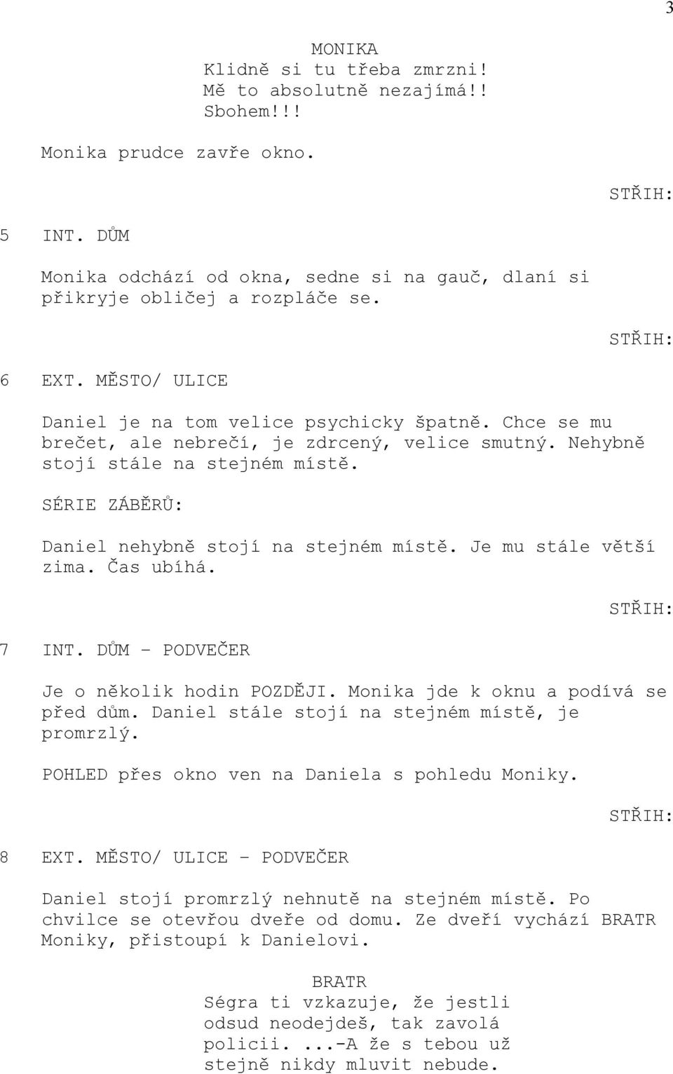 SÉRIE ZÁBĚRŮ: Daniel nehybně stojí na stejném místě. Je mu stále větší zima. Čas ubíhá. 7 INT. DŮM PODVEČER Je o několik hodin POZDĚJI. Monika jde k oknu a podívá se před dům.