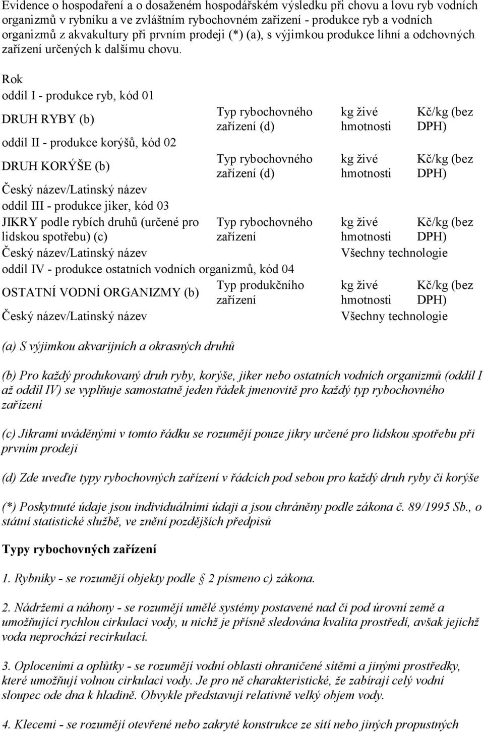 Rok oddíl I - produkce ryb, kód 01 DRUH RYBY (b) oddíl II - produkce korýšů, kód 02 DRUH KORÝŠE (b) Český název/latinský název oddíl III - produkce jiker, kód 03 JIKRY podle rybích druhů (určené pro