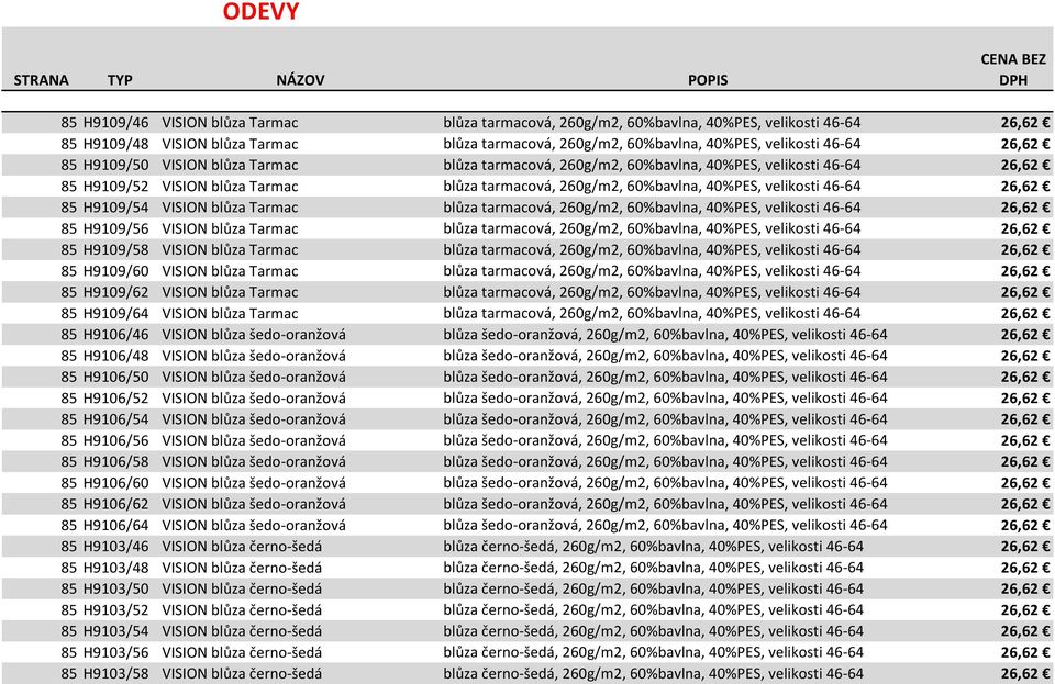 60%bavlna, 40%PES, velikosti 46-64 26,62 85 H9109/54 VISION blůza Tarmac blůza tarmacová, 260g/m2, 60%bavlna, 40%PES, velikosti 46-64 26,62 85 H9109/56 VISION blůza Tarmac blůza tarmacová, 260g/m2,