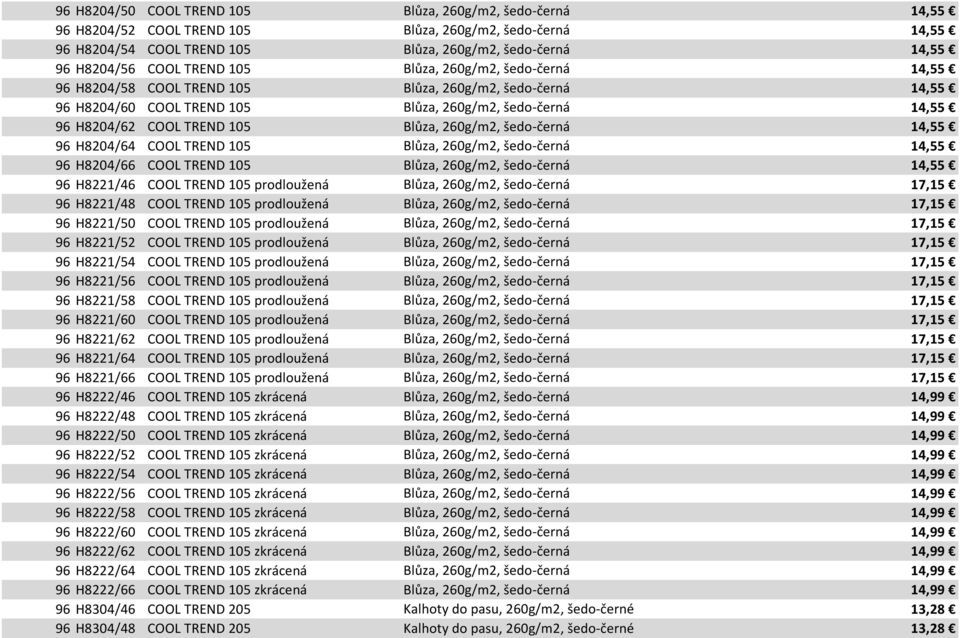 260g/m2, šedo-černá 14,55 96 H8204/64 COOL TREND 105 Blůza, 260g/m2, šedo-černá 14,55 96 H8204/66 COOL TREND 105 Blůza, 260g/m2, šedo-černá 14,55 96 H8221/46 COOL TREND 105 prodloužená Blůza,