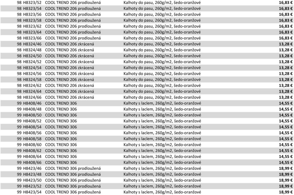 260g/m2, šedo-oranžové 16,83 98 H8323/64 COOL TREND 206 prodloužená Kalhoty do pasu, 260g/m2, šedo-oranžové 16,83 98 H8323/66 COOL TREND 206 prodloužená Kalhoty do pasu, 260g/m2, šedo-oranžové 16,83