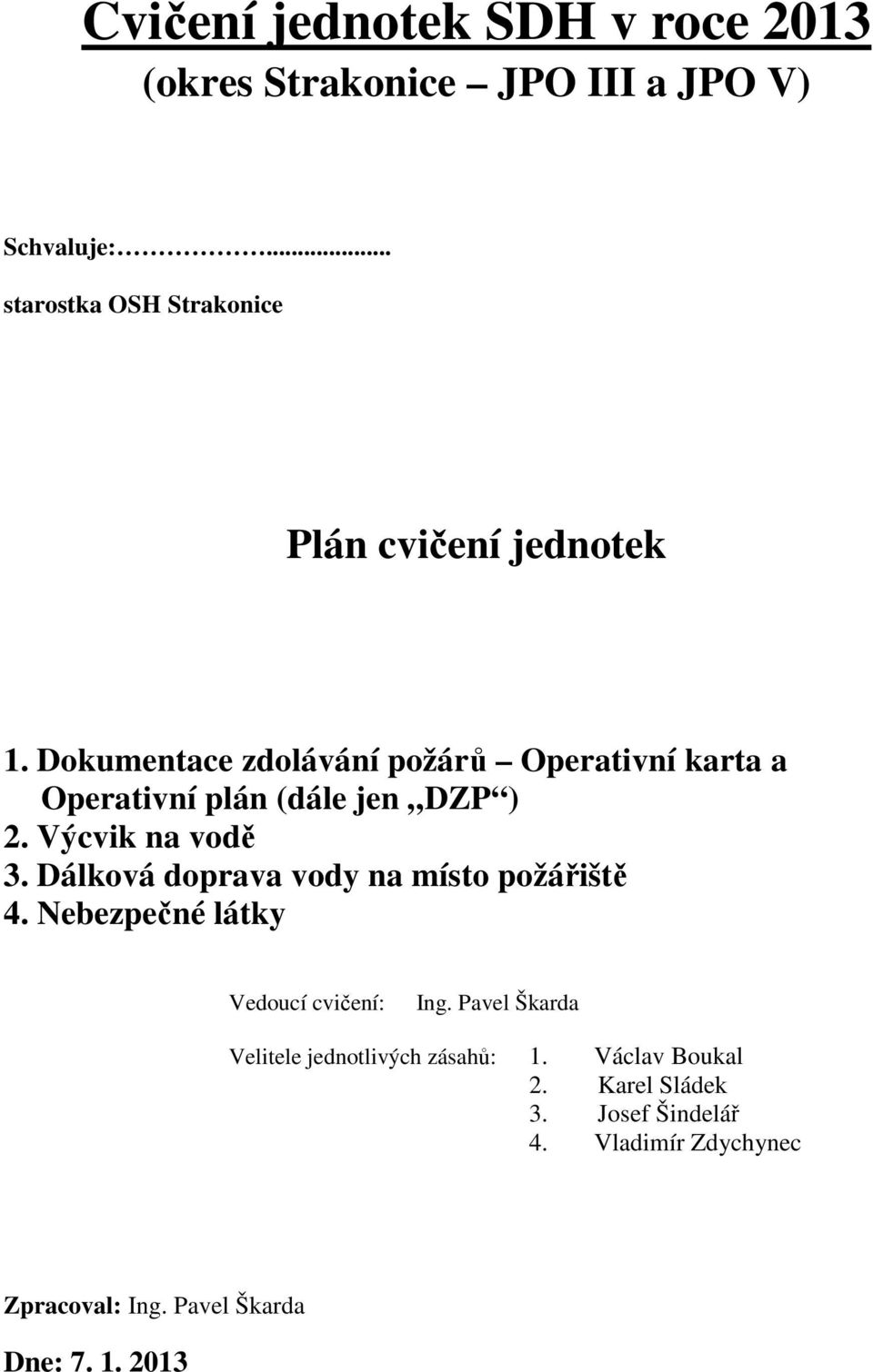 Dokumentace zdolávání požárů Operativní karta a Operativní plán (dále jen DZP ) 2. Výcvik na vodě 3.