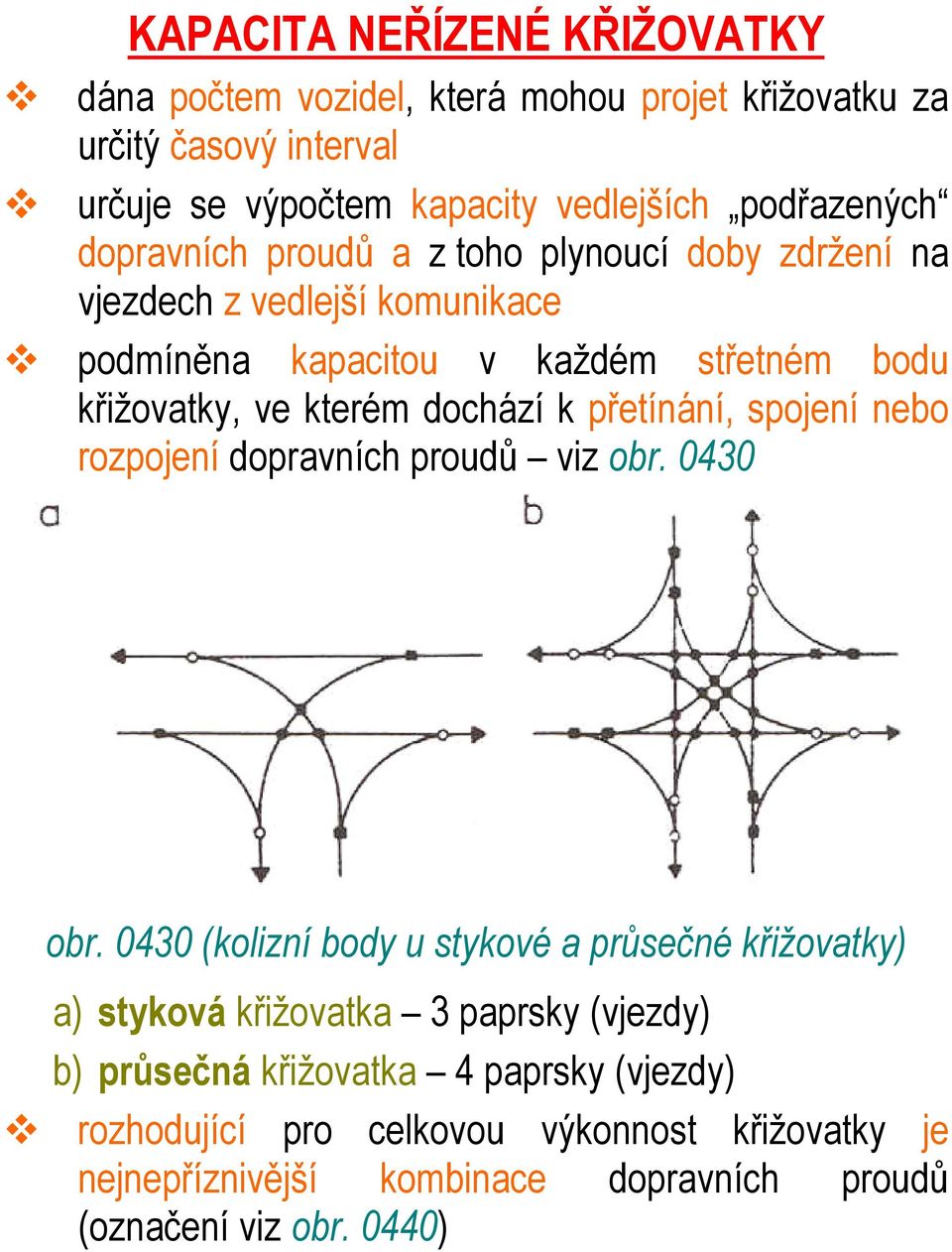 přetínání, spojení nebo rozpojení dopravních proudů viz obr. 0430 obr.