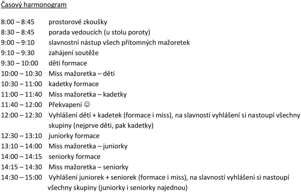 (formace i miss), na slavností vyhlášení si nastoupí všechny skupiny (nejprve děti, pak kadetky) 12:30 13:10 juniorky formace 13:10 14:00 Miss mažoretka juniorky 14:00 14:15