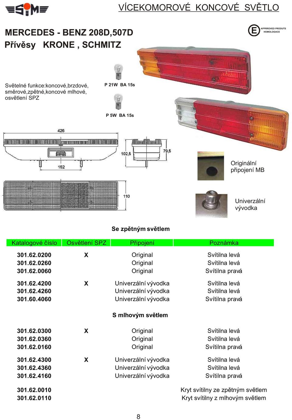 62.4200 X Univerzální vývodka Svítilna levá 301.62.4260 Univerzální vývodka Svítilna levá 301.60.4060 Univerzální vývodka Svítilna pravá S mlhovým svìtlem 301.62.0300 X Original Svítilna levá 301.62.0360 Original Svítilna levá 301.