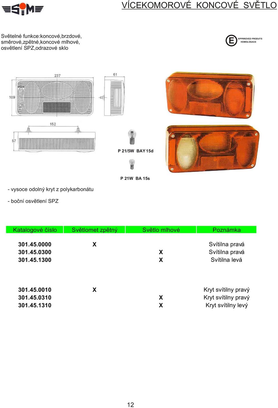 Svìtlomet zpìtný Svìtlo mlhové Poznámka 301.45.0000 X Svítilna pravá 301.45.0300 X Svítilna pravá 301.45.1300 X Svítilna levá 301.