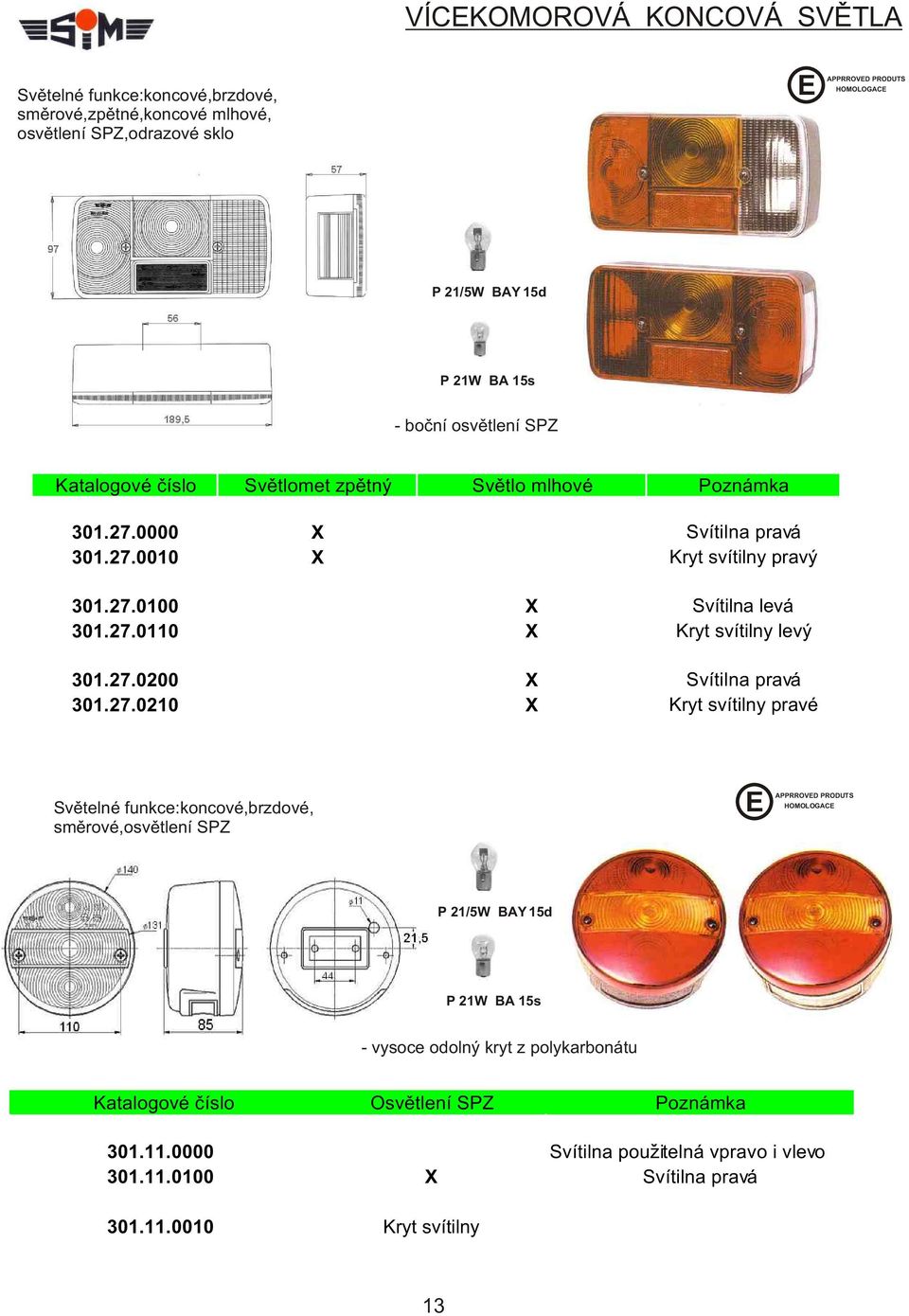 27.0200 X Svítilna pravá 301.27.0210 X Kryt svítilny pravé Svìtelné funkce:koncové,brzdové, smìrové,osvìtlení SPZ P 21/5W BAY 15d P 21W BA 15s - vysoce odolný kryt z