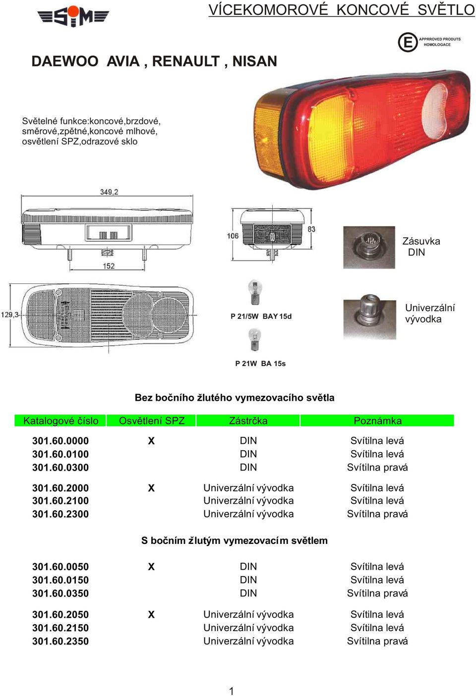 60.2100 Univerzální vývodka Svítilna levá 301.60.2300 Univerzální vývodka Svítilna pravá S boèním zlutým vymezovacím svìtlem 301.60.0050 X DIN Svítilna levá 301.60.0150 DIN Svítilna levá 301.60.0350 DIN Svítilna pravá 301.
