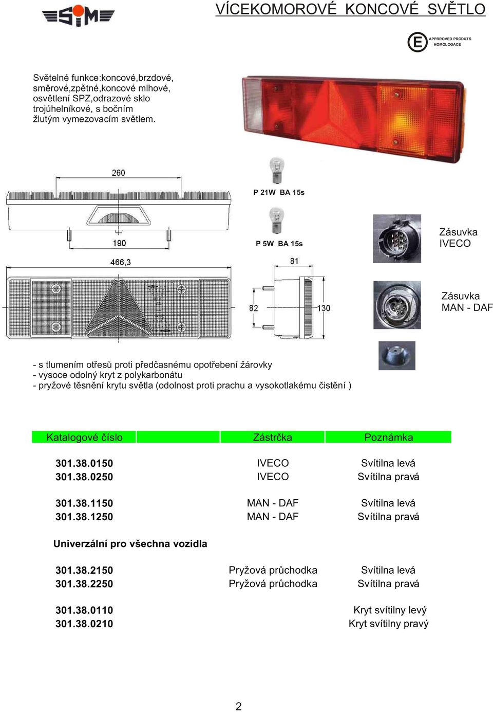 (odolnost proti prachu a vysokotlakému èistìní ) Katalogové èíslo Zástrèka Poznámka 301.38.0150 IVCO Svítilna levá 301.38.0250 IVCO Svítilna pravá 301.38.1150 MAN - DAF Svítilna levá 301.38.1250 MAN - DAF Svítilna pravá Univerzální pro všechna vozidla 301.
