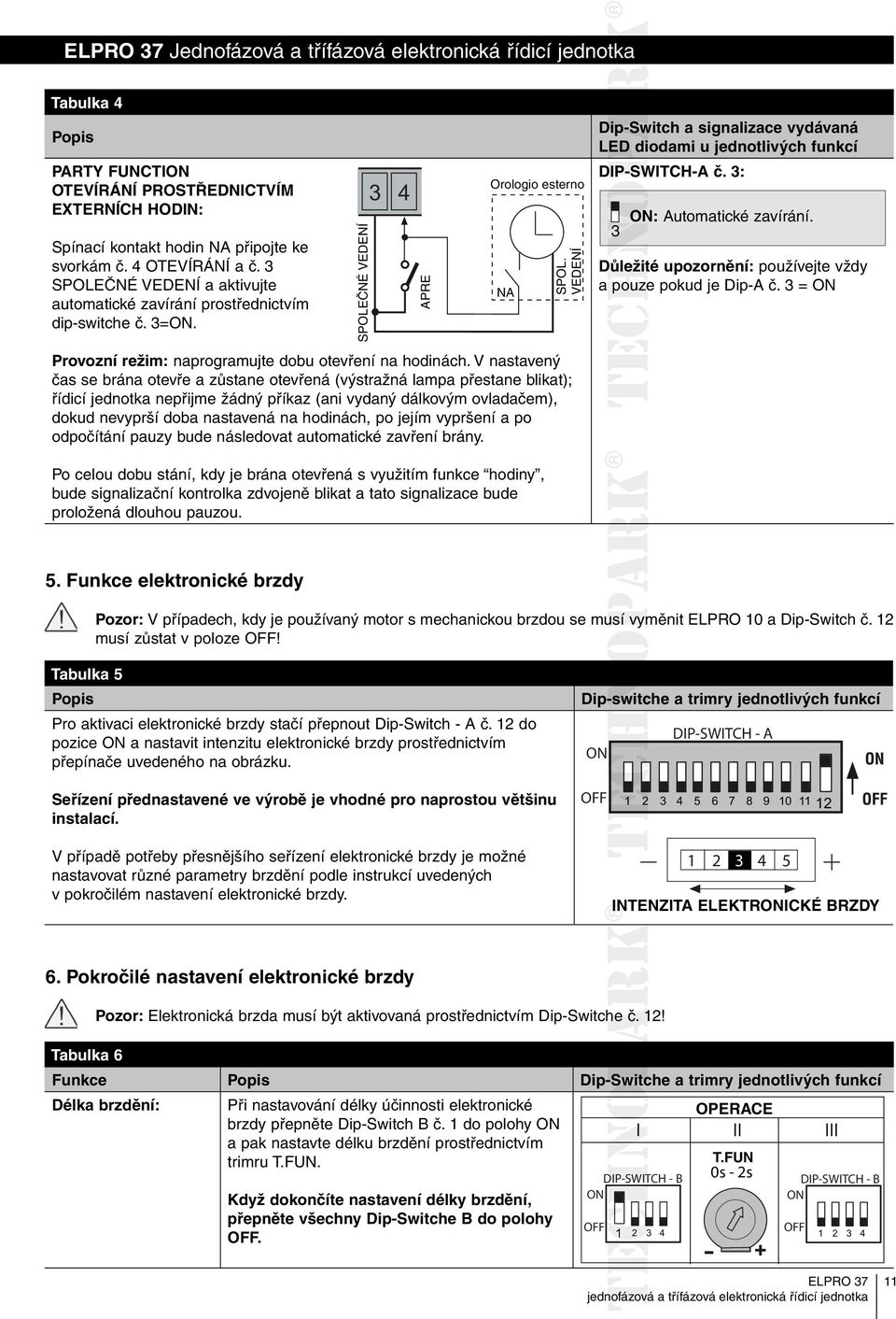 VEDENÍ DipSwitch a signalizace vydávaná LED diodami u jednotlivých funkcí DIPSWITCHA č. 3: : Automatické zavírání. 3 Důležité upozornění: používejte vždy a pouze pokud je DipA č.