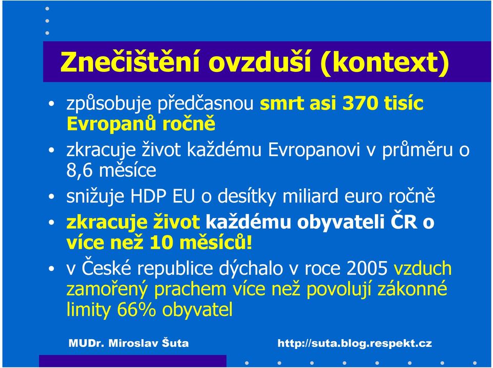 miliard euro ročně zkracuje život každému obyvateli ČR o více než 10 měsíců!