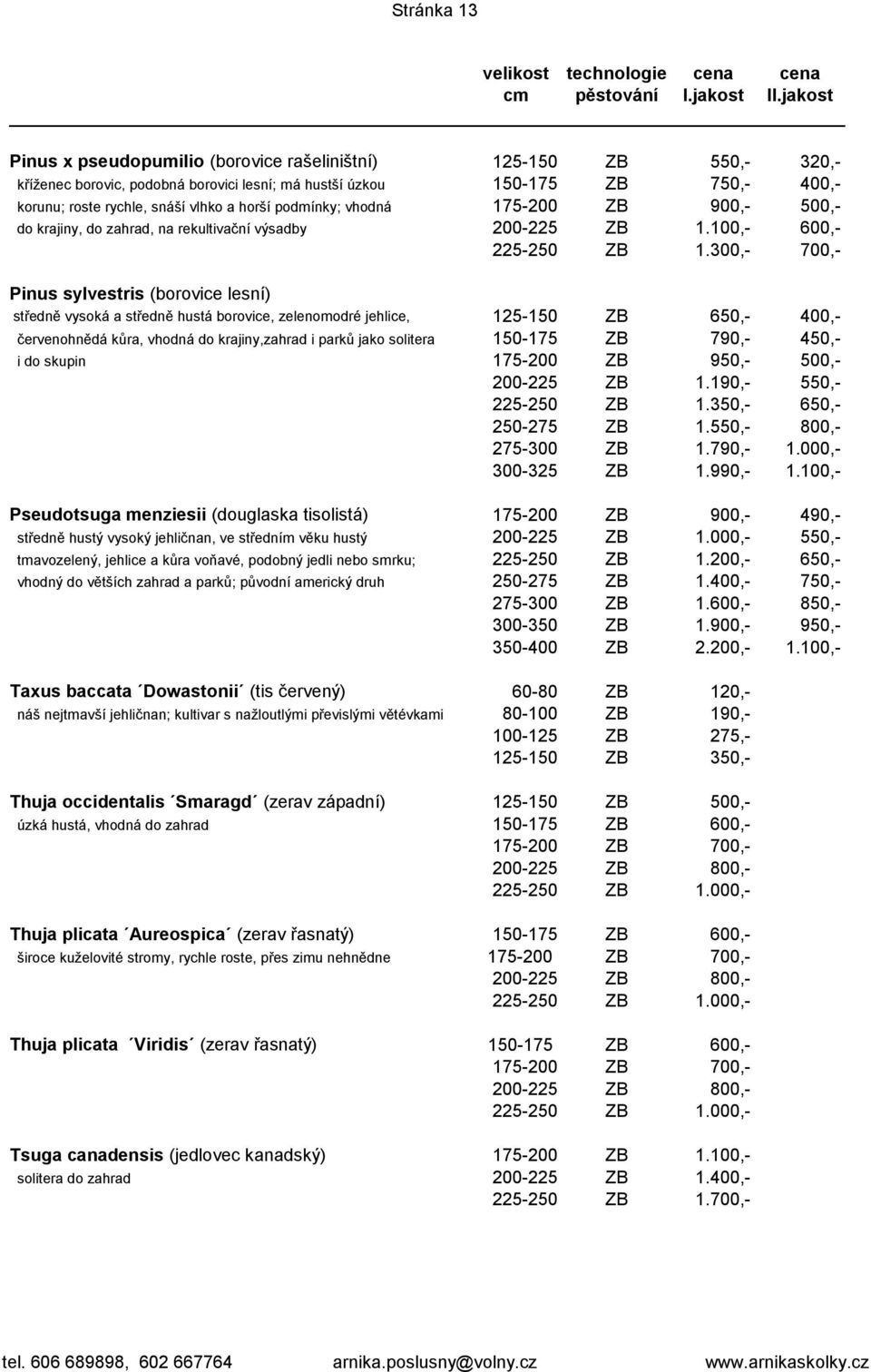 podmínky; vhodná 175-200 ZB 900,- 500,- do krajiny, do zahrad, na rekultivační výsadby 200-225 ZB 1.100,- 600,- 225-250 ZB 1.