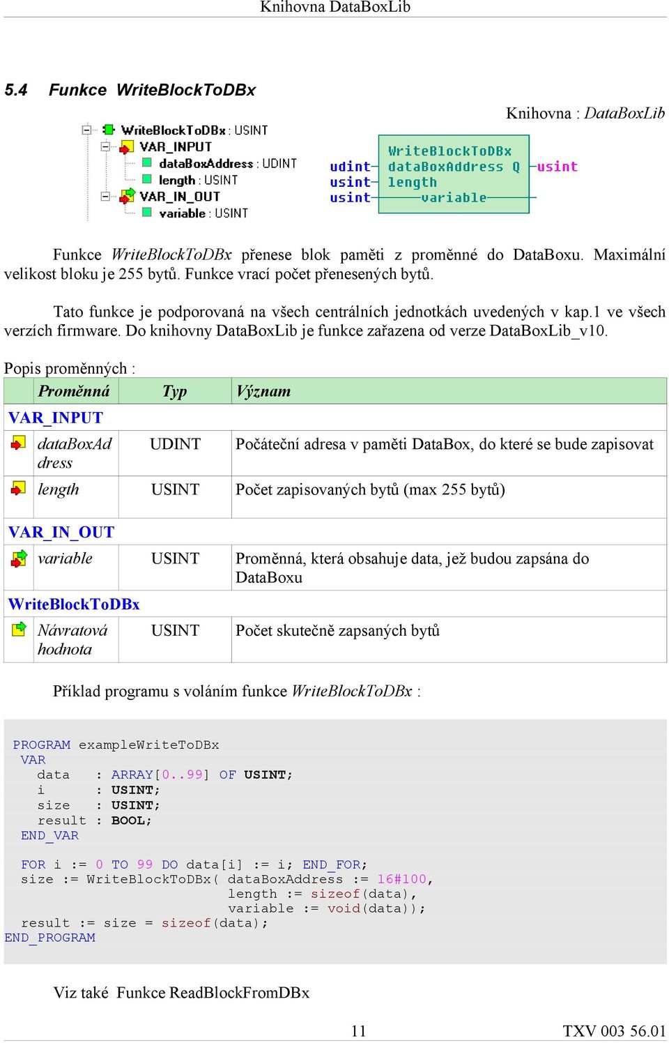 Popis proměnných : Proměnná Typ Význam VAR_INPUT databoxad dress UDINT Počáteční adresa v paměti DataBox, do které se bude zapisovat length USINT Počet zapisovaných bytů (max 255 bytů) VAR_IN_OUT