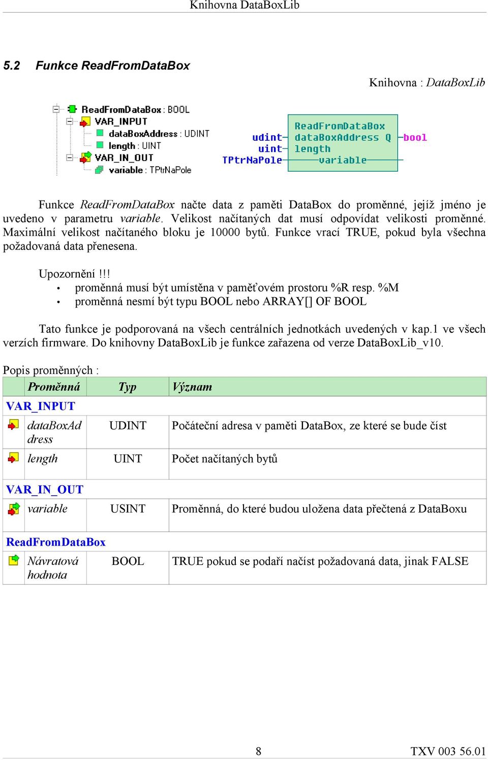 !! proměnná musí být umístěna v paměťovém prostoru %R resp. %M proměnná nesmí být typu BOOL nebo ARRAY[] OF BOOL Tato funkce je podporovaná na všech centrálních jednotkách uvedených v kap.