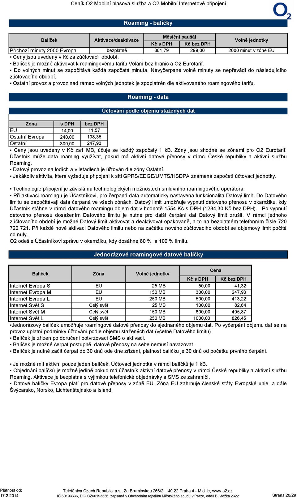 Nevyčerpané volné minuty se nepřevádí do následujícího zúčtovacího období. Ostatní provoz a provoz nad rámec volných jednotek je zpoplatněn dle aktivovaného roamingového tarifu.