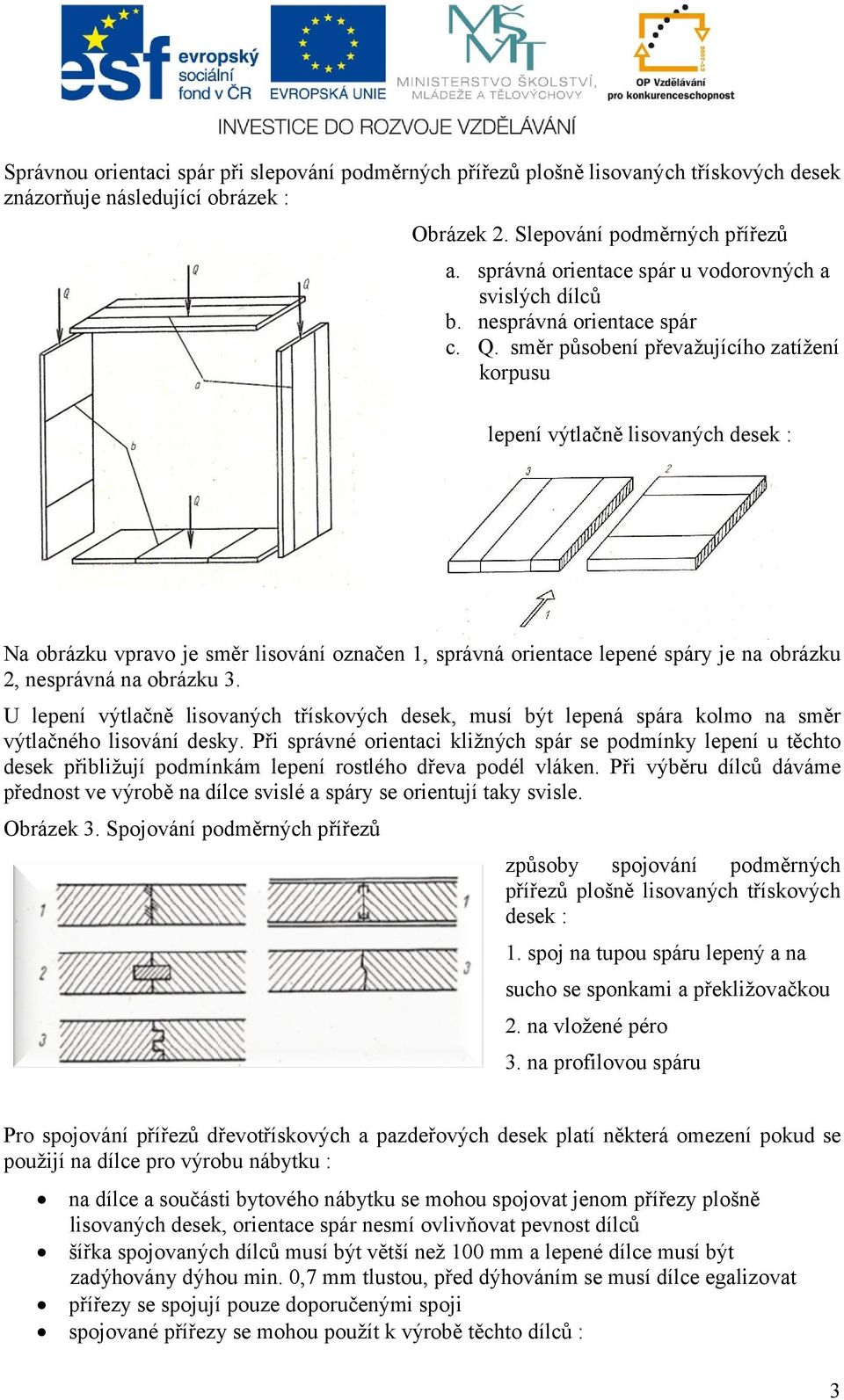 směr působení převažujícího zatížení korpusu lepení výtlačně lisovaných desek : Na obrázku vpravo je směr lisování označen 1, správná orientace lepené spáry je na obrázku 2, nesprávná na obrázku 3.