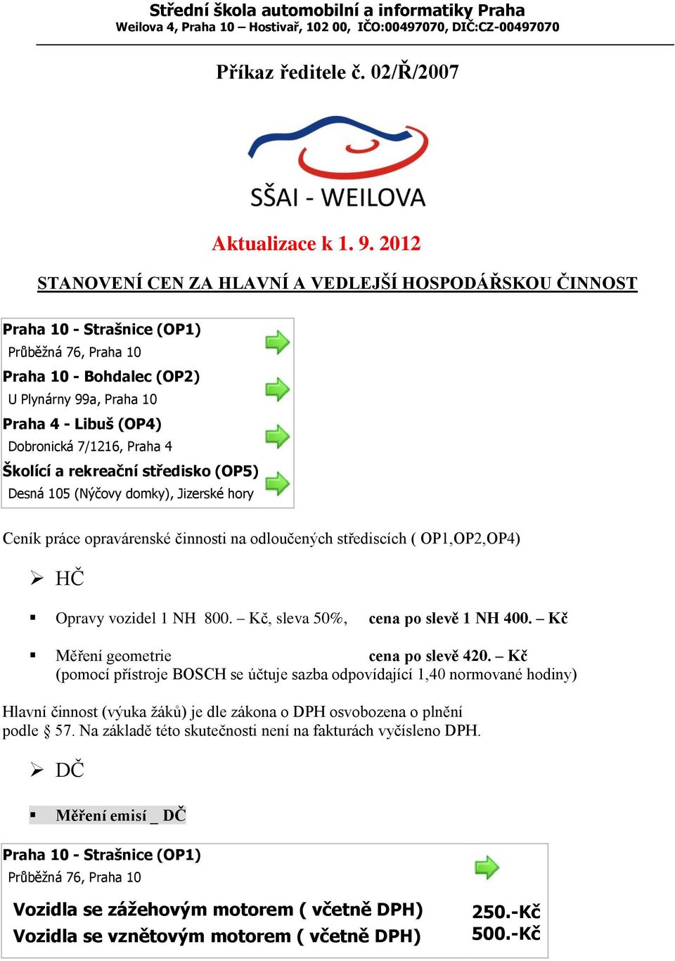 7/1216, Praha 4 Školící a rekreační středisko (OP5) Desná 105 (Nýčovy domky), Jizerské hory Ceník práce opravárenské činnosti na odloučených střediscích ( OP1,OP2,OP4) HČ Opravy vozidel 1 NH 800.