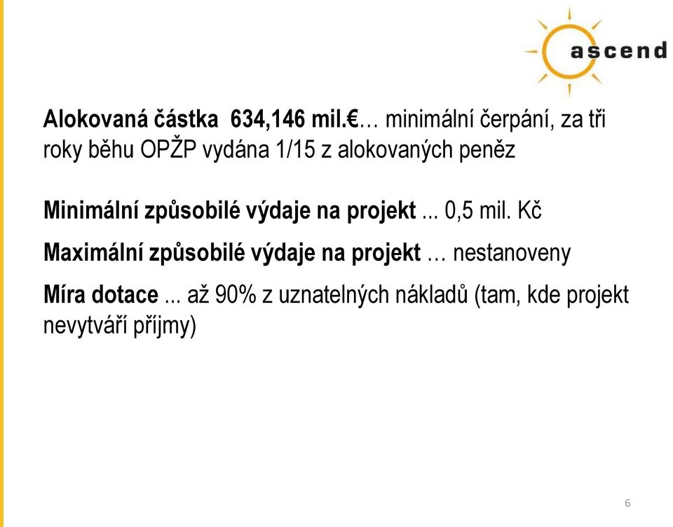 peněz Minimální způsobilé výdaje na projekt... 0,5 mil.