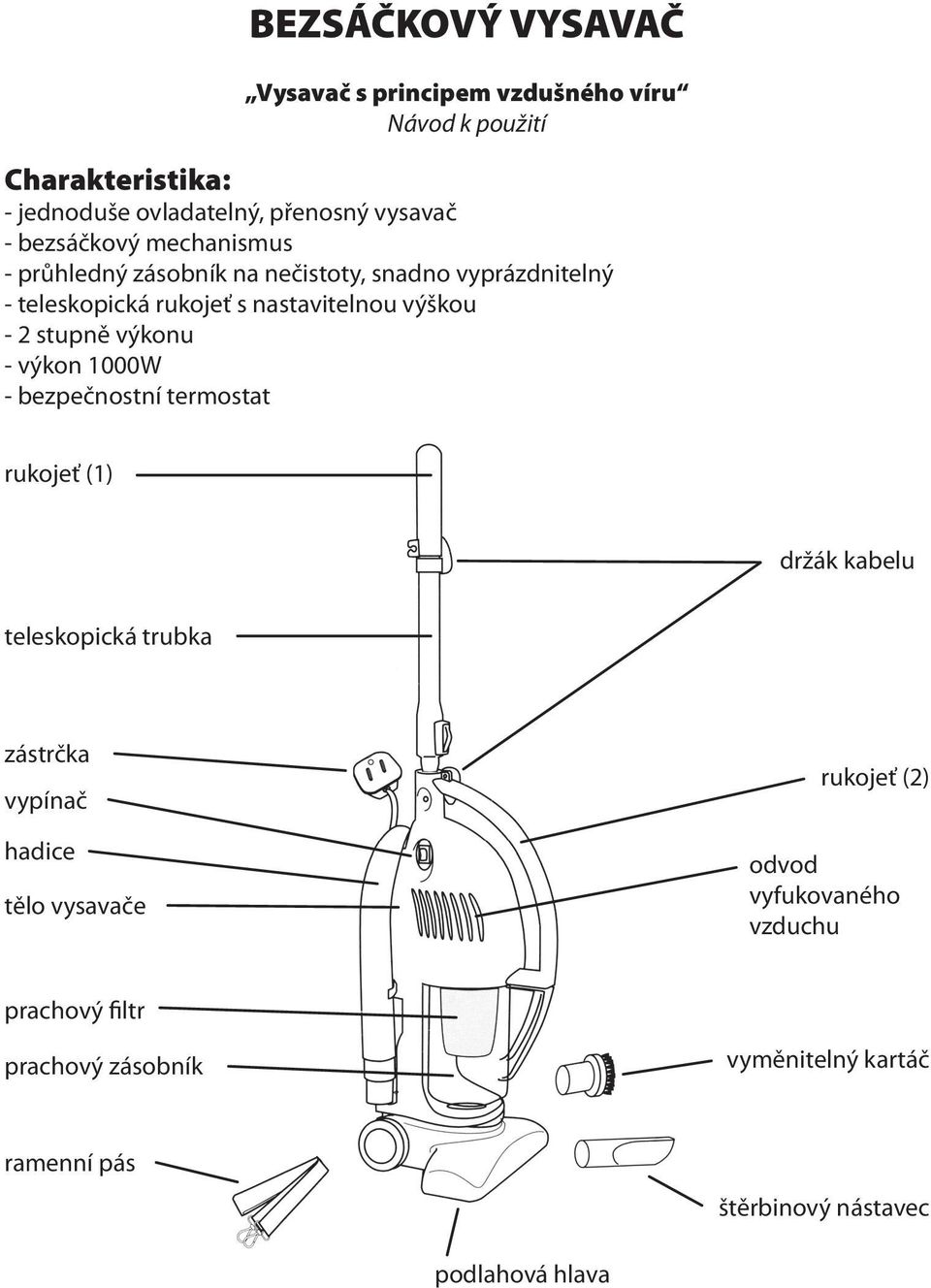 výkonu - výkon 1000W - bezpečnostní termostat rukojeť (1) držák kabelu teleskopická trubka zástrčka vypínač hadice tělo vysavače