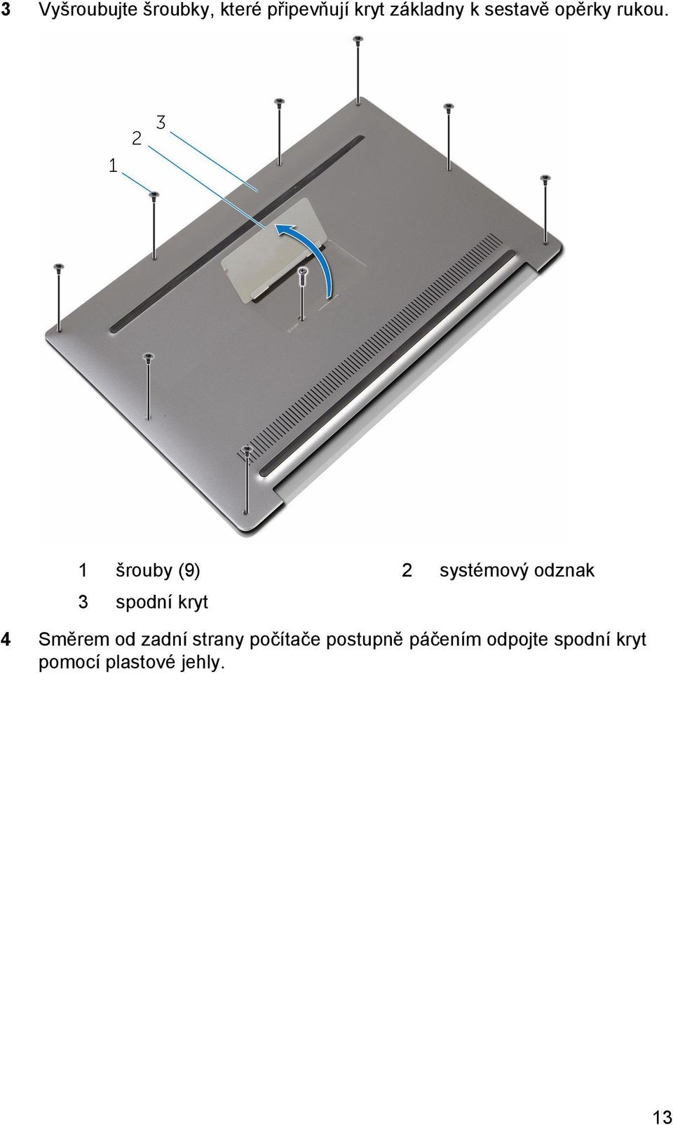 1 šrouby (9) 2 systémový odznak 3 spodní kryt 4 Směrem