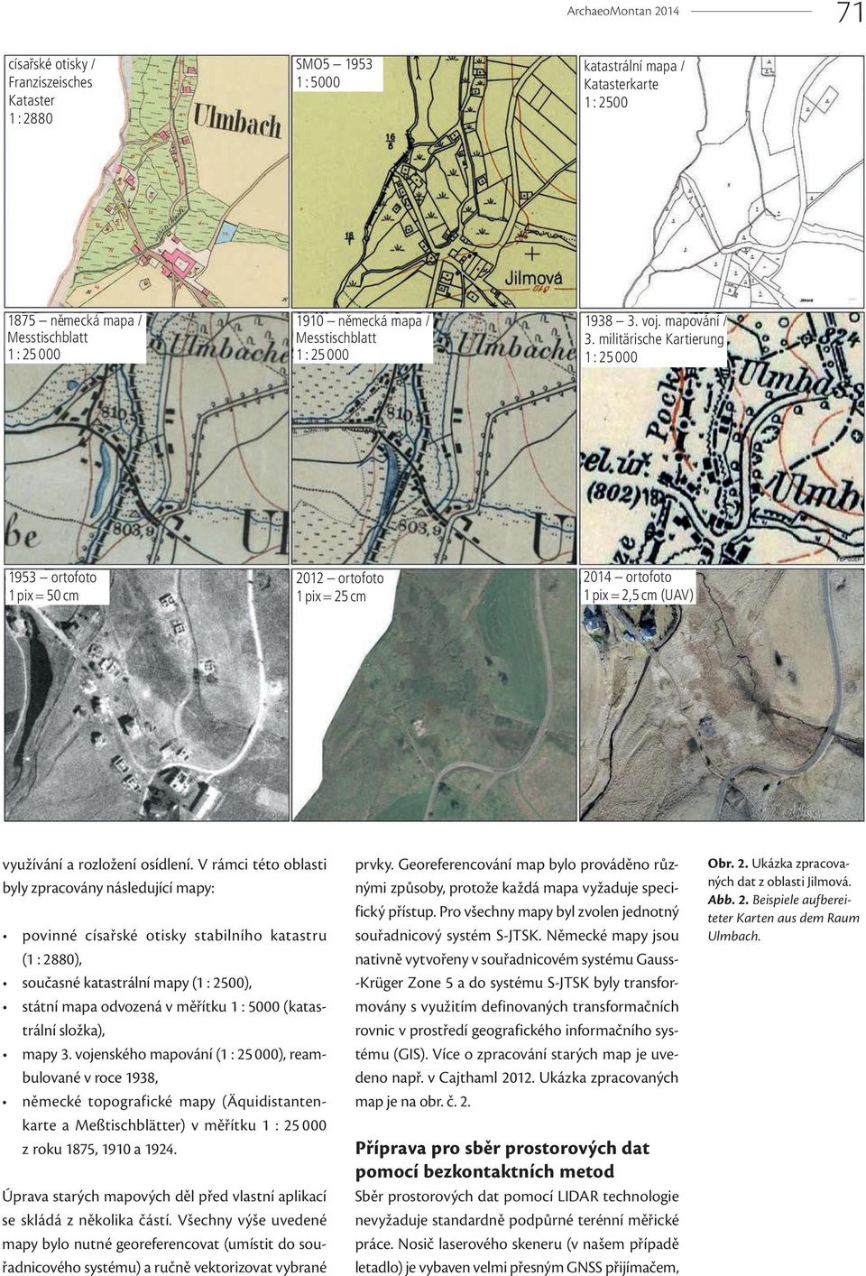 militärische Kartierung 1 : 25 000 1953 ortofoto 1 pix = 50 cm 2012 ortofoto 1 pix = 25 cm 2014 ortofoto 1 pix = 2,5 cm (UAV) využívání a rozložení osídlení.