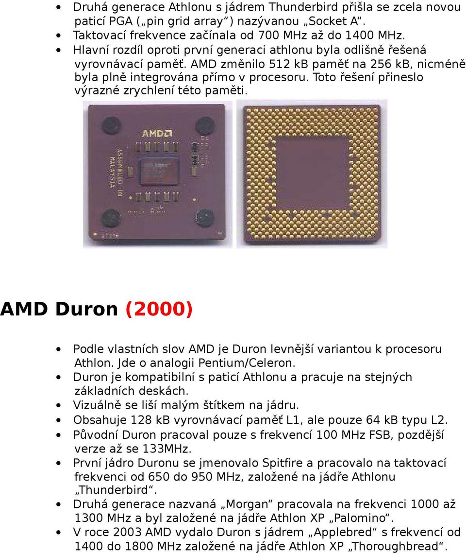 Toto řešení přineslo výrazné zrychlení této paměti. AMD Duron (2000) Podle vlastních slov AMD je Duron levnější variantou k procesoru Athlon. Jde o analogii Pentium/Celeron.