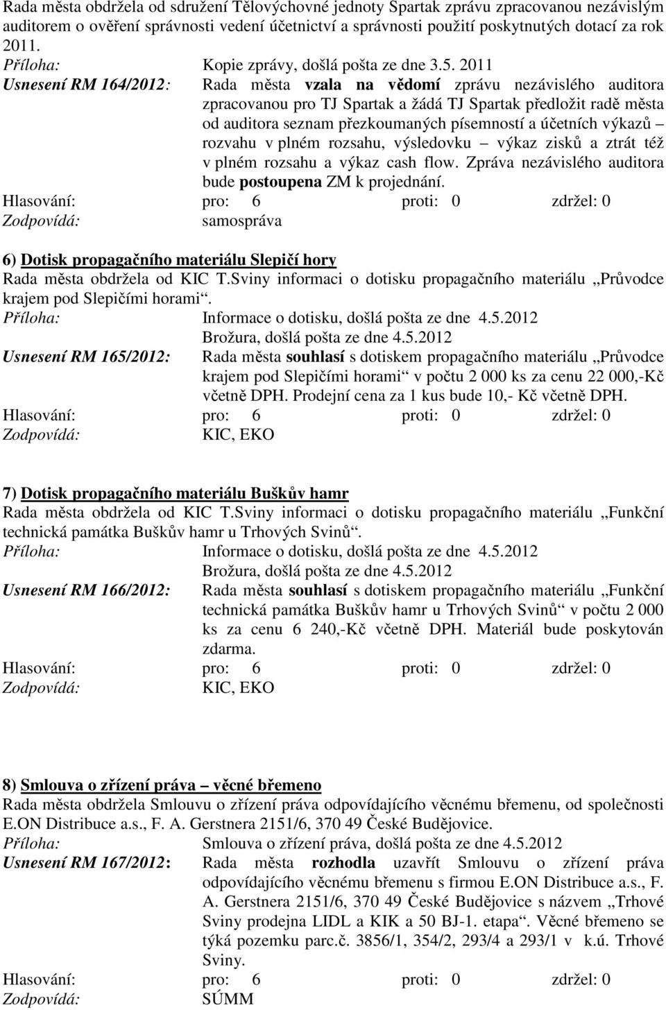 2011 Usnesení RM 164/2012: Rada města vzala na vědomí zprávu nezávislého auditora zpracovanou pro TJ Spartak a žádá TJ Spartak předložit radě města od auditora seznam přezkoumaných písemností a