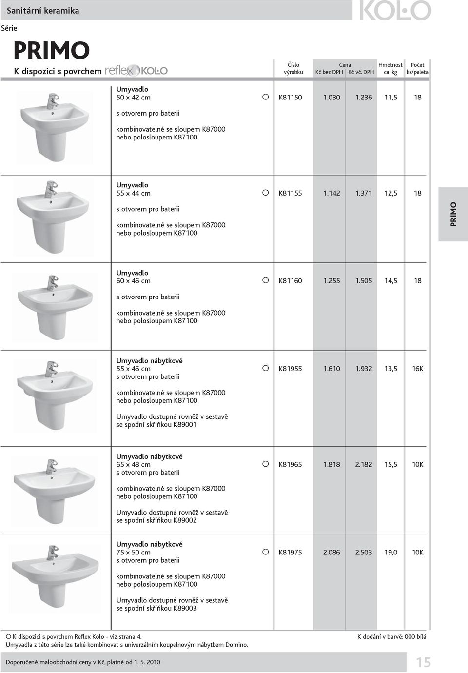 371 12,5 18 s otvorem pro baterii kombinovatelné se sloupem K87000 nebo polosloupem K87100 PRIMO Umyvadlo 60 x 46 cm O K81160 1.255 1.
