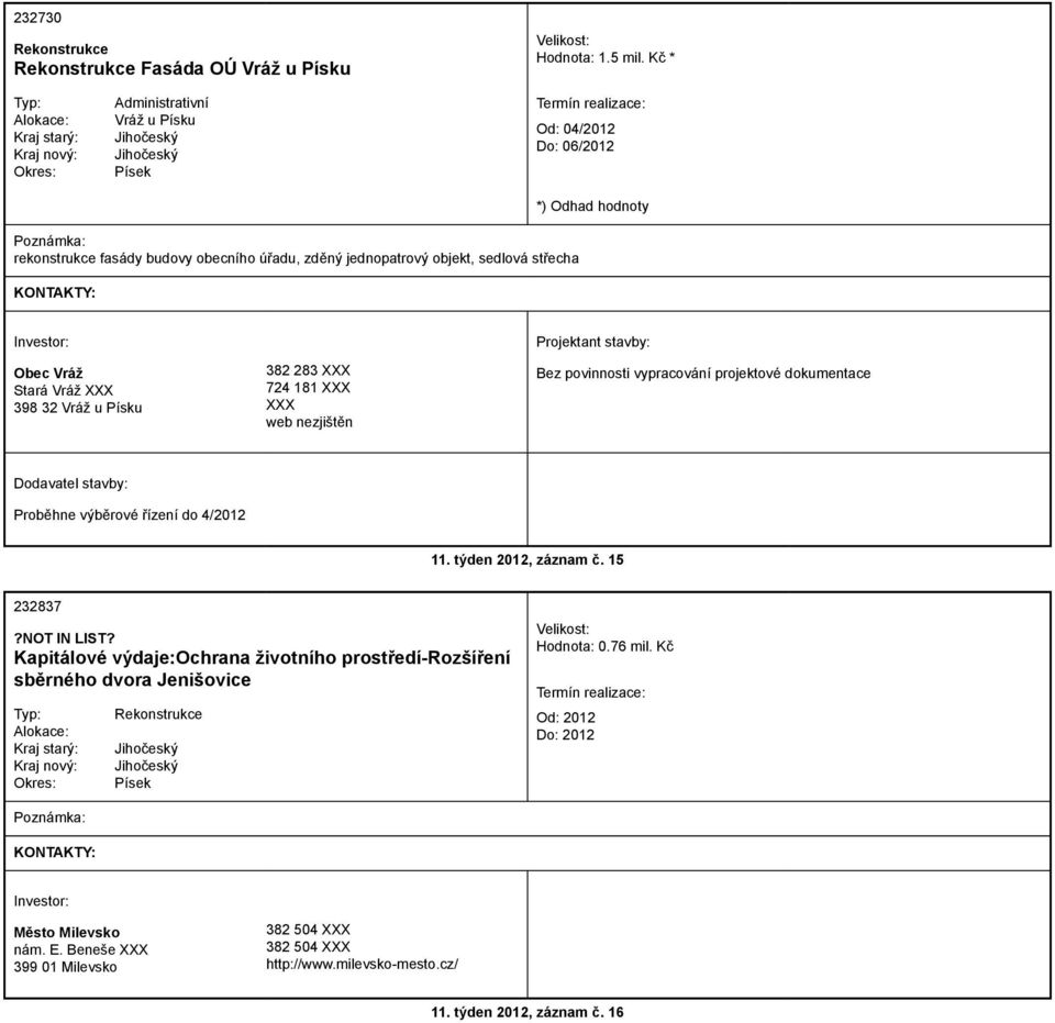 sedlová střecha Obec Vráž Stará Vráž 398 32 Vráž u Písku 382 283 724 181 web nezjištěn Bez povinnosti vypracování projektové