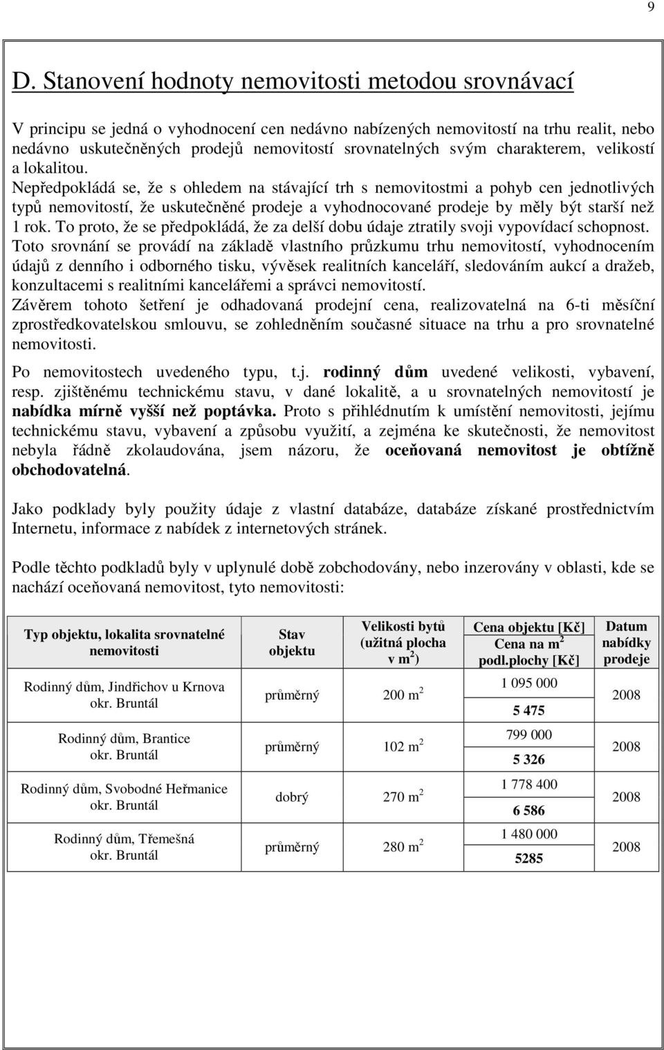 Nepředpokládá se, že s ohledem na stávající trh s nemovitostmi a pohyb cen jednotlivých typů nemovitostí, že uskutečněné prodeje a vyhodnocované prodeje by měly být starší než 1 rok.