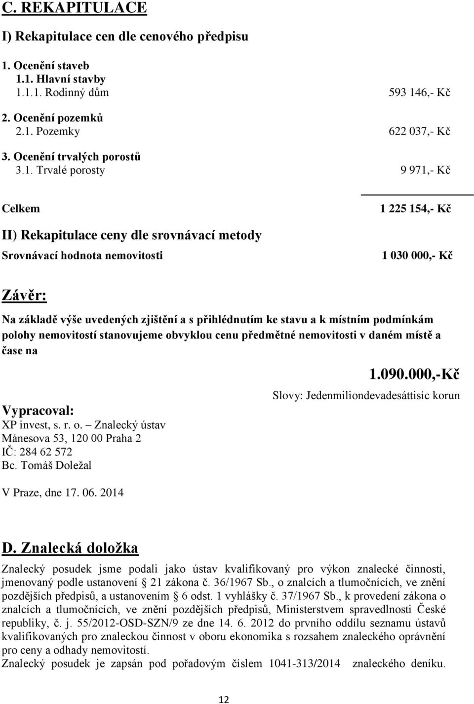 Trvalé porosty 9 971,- Kč Celkem II) Rekapitulace ceny dle srovnávací metody Srovnávací hodnota nemovitosti 1 225 154,- Kč 1 030 000,- Kč Závěr: Na základě výše uvedených zjištění a s přihlédnutím ke