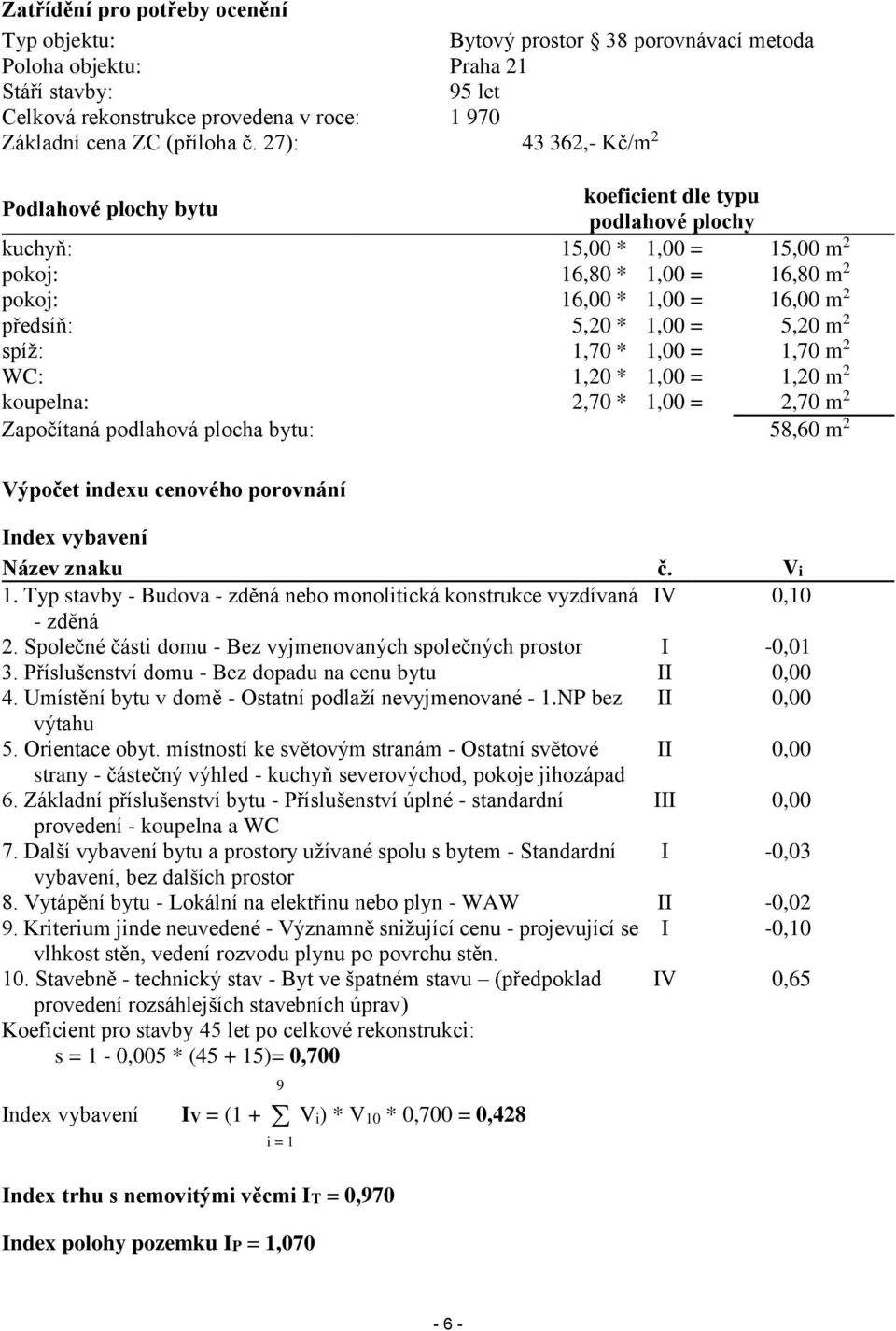 5,20 m 2 spíž: 1,70 * 1,00 = 1,70 m 2 WC: 1,20 * 1,00 = 1,20 m 2 koupelna: 2,70 * 1,00 = 2,70 m 2 Započítaná podlahová plocha bytu: 58,60 m 2 Výpočet indexu cenového porovnání Index vybavení Název